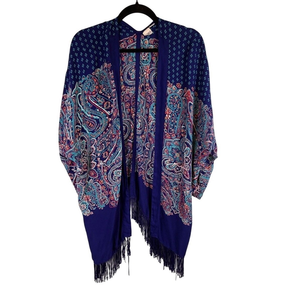 Roxy Women's Navy Blue Paisley Fringe Kimono Wrap Size XS Boho Festival Hippie